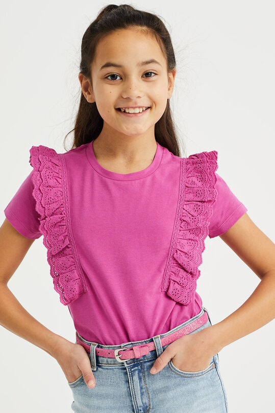 Meisjes T-shirt met broderie anglaise, Donkerpaars