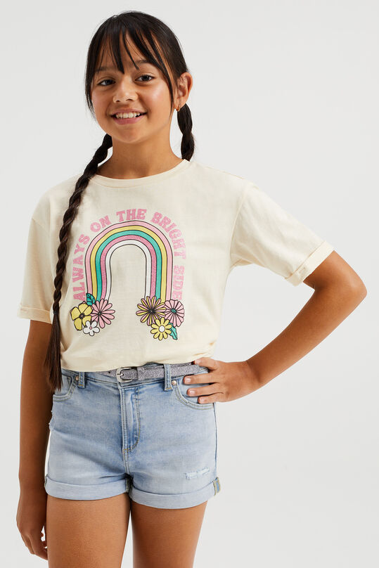 Meisjes T-shirt met 3D- en glitteropdruk, Beige