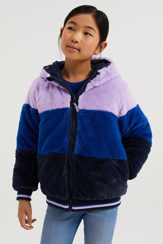 Meisjes reversible jas met capuchon en imitatiebont, Donkerblauw