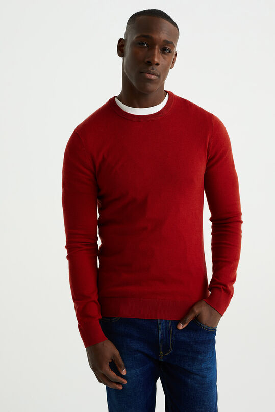 Heren fijngebreide trui van katoenmix, Saffraan rood